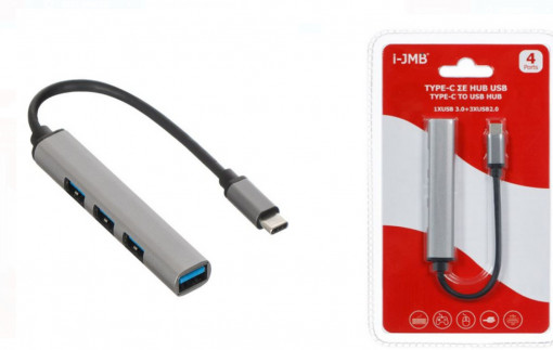 Hub USB Type-C 4 in1, 1 X USB 3.0 - 3 X USB 2.0, Gri/Argintiu