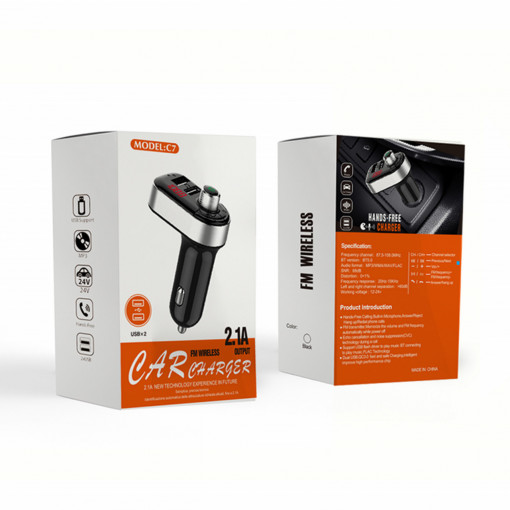 Modulator FM cu Bluetooth, 2 USB, Mp3, Redare USB/microSD, Functie Handsfree – C7