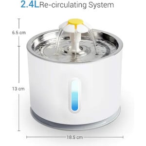 Dispenser apa automat, tip fantana pentru pisici si caini, cu adaptor USB priza, Iluminare LED, 3 Model floare trepte de reglare debit, Otel inoxidabil, cu purificare si filtrare,2.4 L, Alb/Gri - Img 6