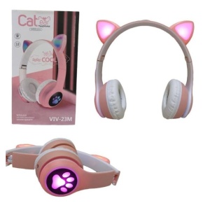 Casti wireless Urechi de pisica VIV-23M, pliabile, leduri interactive RGB, slot card SD\TF, redare MP3\WAV