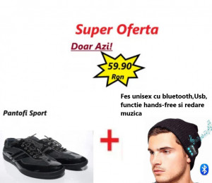 Pantofi Sport B206 BLACK + Fes, Caciula Unisex cu Casti Bluetooth Incorporate - Img 1