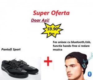 Pantofi Sport B206 BLACK + Fes, Caciula Unisex cu Casti Bluetooth Incorporate