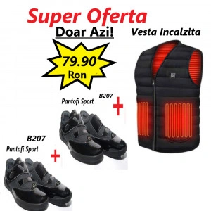 Super Oferta - 2 Perechi Pantofi Sport B207 BLACK + Vesta Termica Unisex, Marime Universala, Incalzita Electric prin usb