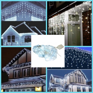Instalatie LED Alba, Plasa, Tip Franjuri, de Exterior, 12m lungime, 60 cm Inaltime