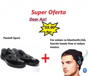 Pantofi Sport B207 BLACK + Fes, Caciula Unisex cu Casti Bluetooth Incorporate