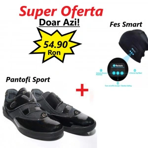 Super Oferta - 1 Pereche Pantofi Sport B207 BLACK + Fes, Caciula Unisex cu Casti Bluetooth Incorporate