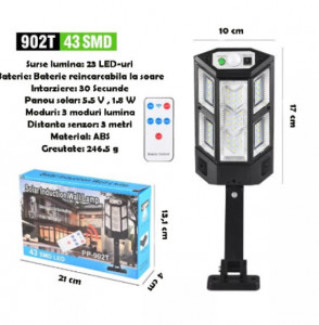 Lampa Solara Stradala PP 902T, 43 SMD LED cu telecomanda, senzor miscare, rezistenta la apa, 3 moduri de lumina, senzor de lumina, negru - Img 1