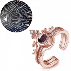 Inel reglabil cu cristal Zirconiu gravat cu proiectie "Te Iubesc" de 100 de ori in 100 de limbi, din aliaj Rose Gold (LICHIDARE STOC) - Img 1