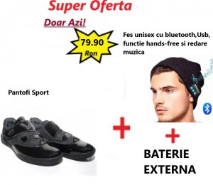 Pantofi Sport B207 BLACK + Fes, Caciula Unisex cu Casti Bluetooth Incorporate + Baterie Externa Universala
