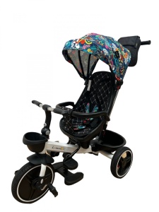 Tricicleta Pliabila SL01, Culoare Albastra Multicolora Grafiti, Cu Scaun Rotativ si Pozitie de Somn - Img 3