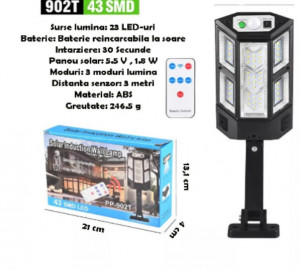Lampa Solara Stradala PP 902T, 43 SMD LED cu telecomanda, senzor miscare, rezistenta la apa, 3 moduri de lumina, senzor de lumina, negru - Img 5