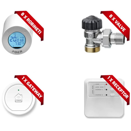 Pachet 8 capete termostatice Poer Smart, Ventile, Gateway, Receptor