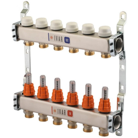 Set distribuitor tur/retur Inox 1" x EK cu debitmetru 10 cai