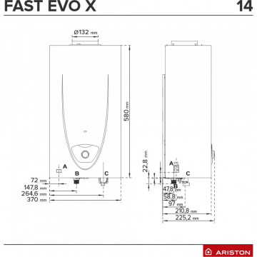 dimensiuni Incalzitor instant Ariston Fast Evo X ONT 14 EU Gaz metan