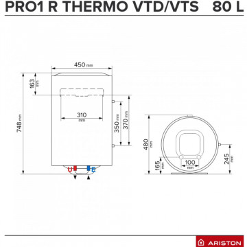 dimensiuni Boiler termoelectric Ariston Pro 1 R Thermo 80 VTS/VTD