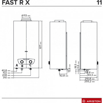 dimensiuni Incalzitor instant Ariston Fast R X ONM 11 Gaz metan