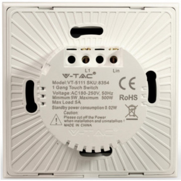 Intrerupator simplu sticla touch V-Tac VT-5111 alb racorduri