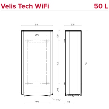 dimensiuni Boiler electric Ariston Velis Tech Wifi 50 L