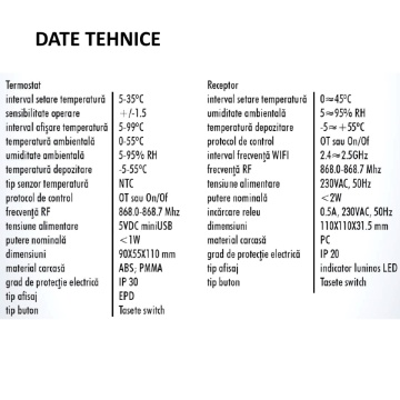date tehnice Termostat wifi Motan TH623-WRTS
