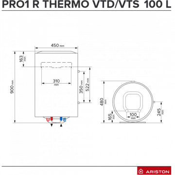 dimensiuni Boiler termoelectric Ariston Pro 1 R Thermo 100 VTS/VTD Pro 1 R Thermo cu serpentina pe partea dreapta sau stanga