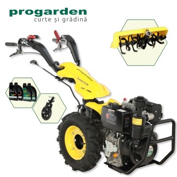 Pachet ProGARDEN Campo U12E Motocultor 12CP + FT90 Freză tractată 90cm + Roată susținere + 4L Ulei
