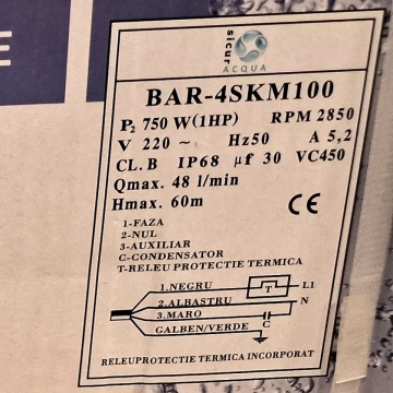 Date tehnice Pompă submersibilă Sicur Aqua BAR-4SKM100
