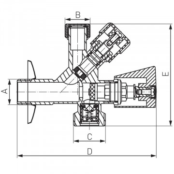 dimensiuni Robinet coltar in unghi combinat Ferro CF5104 3/8"x1/2"x3/4"
