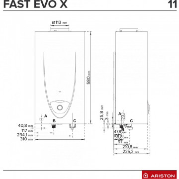 dimensiuni Incalzitor instant Ariston Fast Evo X ONT 11 EU Gaz metan