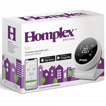 ambalaj Termostat inteligent Homplex NX1 alb cu suport pentru masa.