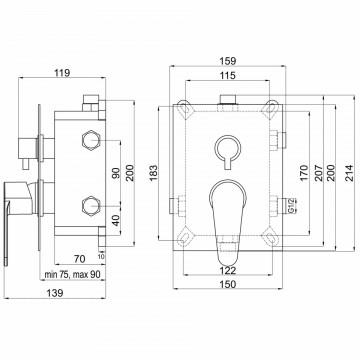 dimensiuni Baterie incastrata cada-dus cu caseta de montaj Edge 3 functii