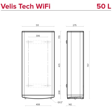 dimensiuni Boiler electric Ariston Velis Tech Wifi 50 L