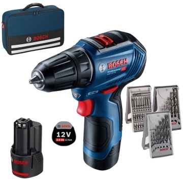 Mașină de găurit și înșurubat brushless Bosch GSR 12V-30 cu 2 acumulatori Li-Ion, 2Ah, 30Nm + Accesorii