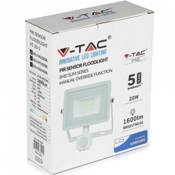 ambalaj Reflector LED SMD 20W 6400K IP65 cu senzor miscare V-Tac VT-20-S alb