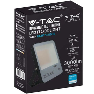 ambalaj Reflector LED 30W cu senzor crepuscular 6500K V-Tac VT-37 alb rece