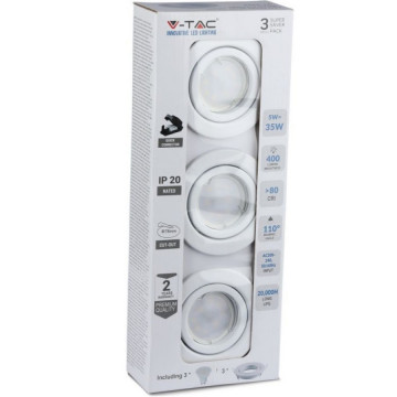 Set 3 Spoturi GU10 5W 6400K alb rece V-Tac VT-3333 alb