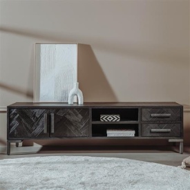 COMODA TV ZIANO - LEMN SI FURNIR DE STEJAR / METAL - NEGRU - 185(L) X 50(H) X 45(L) CM - Img 2