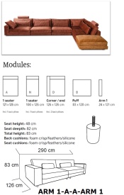 CANAPEA MODULARA BILION - (D+A+A+D+A+B) - 494(L) x 83(h) x340(l) cm - Img 7