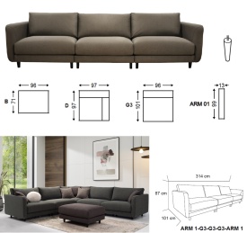 CANAPEA MODULARA MUSTANG - (ARM1+G3+G3+G3+ARM1) - 314(L) x 87(h) x101(l) cm