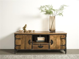 COMODA TV BASTO - LEMN DE MANGO [FSC] / METAL - NEGRU / MARO NATURAL - 150(L) X 60(H) X 40(L) CM - Img 2