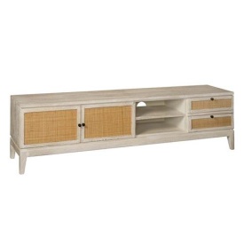 COMODA TV VINCENZA - LEMN DE MANGO / RATAN / METAL - ALB / BEJ - 200(L) X 55(H) X 45(L) CM - Img 1