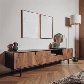 COMODA TV TAVIANO - LEMN DE MANGO / METAL - FINISAJ NEGRU / MARO NATURAL NUC - 200(L) X 50(H) X 45(L) CM - Img 2