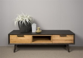 COMODA TV BOLOGNA - LEMN DE STEJAR [FSC] - NEGRU / MARO NATURAL - 152(L) X 45(H) X 45(L) CM - Img 2