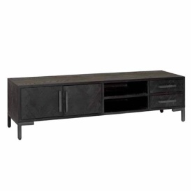 COMODA TV ZIANO - LEMN SI FURNIR DE STEJAR / METAL - NEGRU - 185(L) X 50(H) X 45(L) CM - Img 1