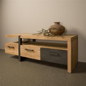 COMODA TV LORENZO - LEMN DE TEC RECUPERAT / METAL - NEGRU / MARO NATURAL - 145(L) X 55(H) X 40(L) CM - Img 2