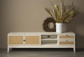 COMODA TV VINCENZA - LEMN DE MANGO / RATAN / METAL - ALB / BEJ - 200(L) X 55(H) X 45(L) CM - Img 2