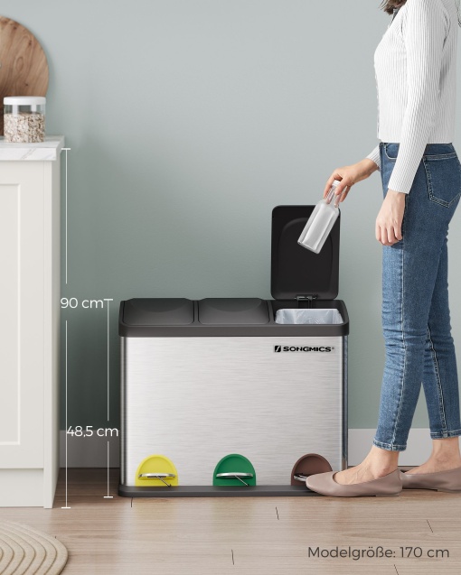 Coș de gunoi inox 3 compartimente Songmics LTB45L – 45L, cu găleți interioare detașabile