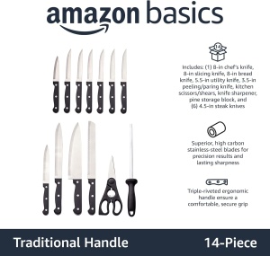 Amazon Basics Set de cuțite de bucătărie de 14 piese cu lame din oțel inoxidabil – Set complet cu bloc din lemn de pin - Img 4