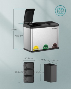 Coș de gunoi inox 3 compartimente Songmics LTB45L – 45L, cu găleți interioare detașabile - Img 6