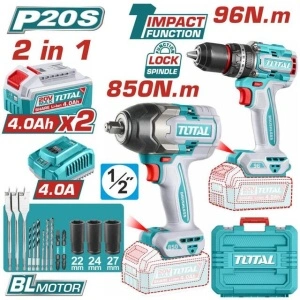 Kit Combo TOTAL 20V Brushless – Mașină de Găurit cu Percuție și Cheie de Impact 1/2” cu 2 Acumulatori 4Ah