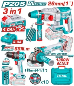 Kit scule TOTAL 20V Mașină de Găurit, Polizor Unghiular, Ciocan Rotopercutor + 2 Acumulatori